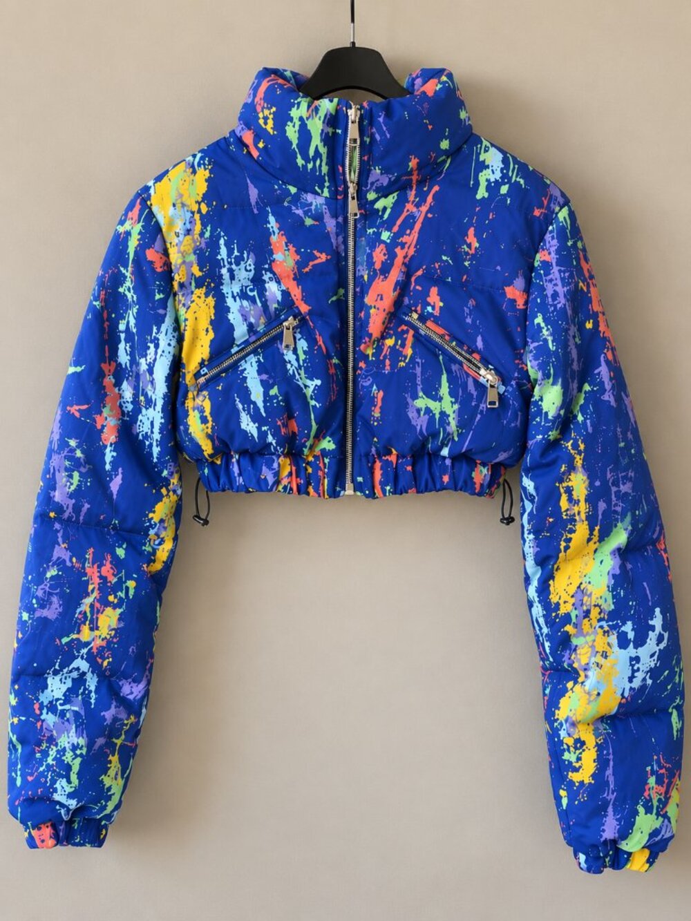 Shane Justin Cropped Puffer Jacket Size S Blue Paint Splatter Drawstring Hem NWT